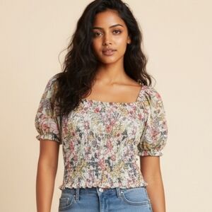 Anthropologie Aurelia Floral Smocked Balloon Sleeves Top S (A)